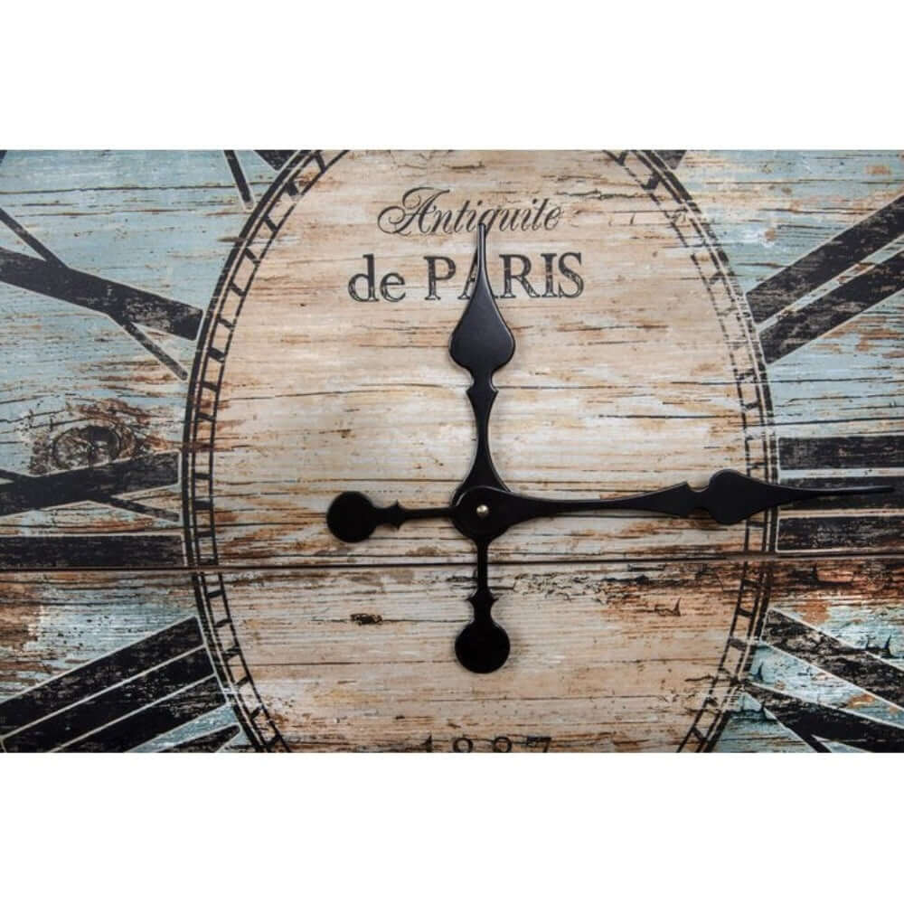 French Country Turquoise Distressed Paris Wall Clock with Roman numerals and vintage design.