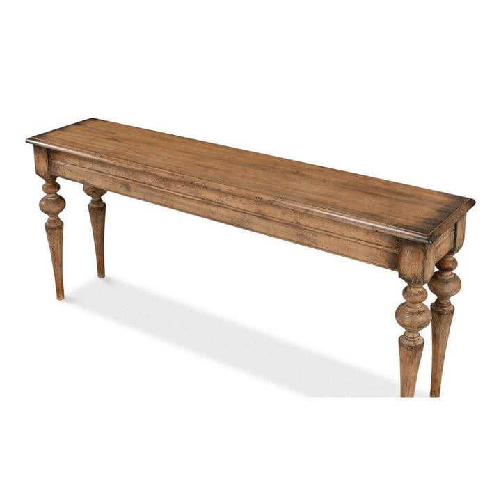 French Country Farmhouse Console Table with rustic wooden design and vintage charm, showcasing traditional craftsmanship.