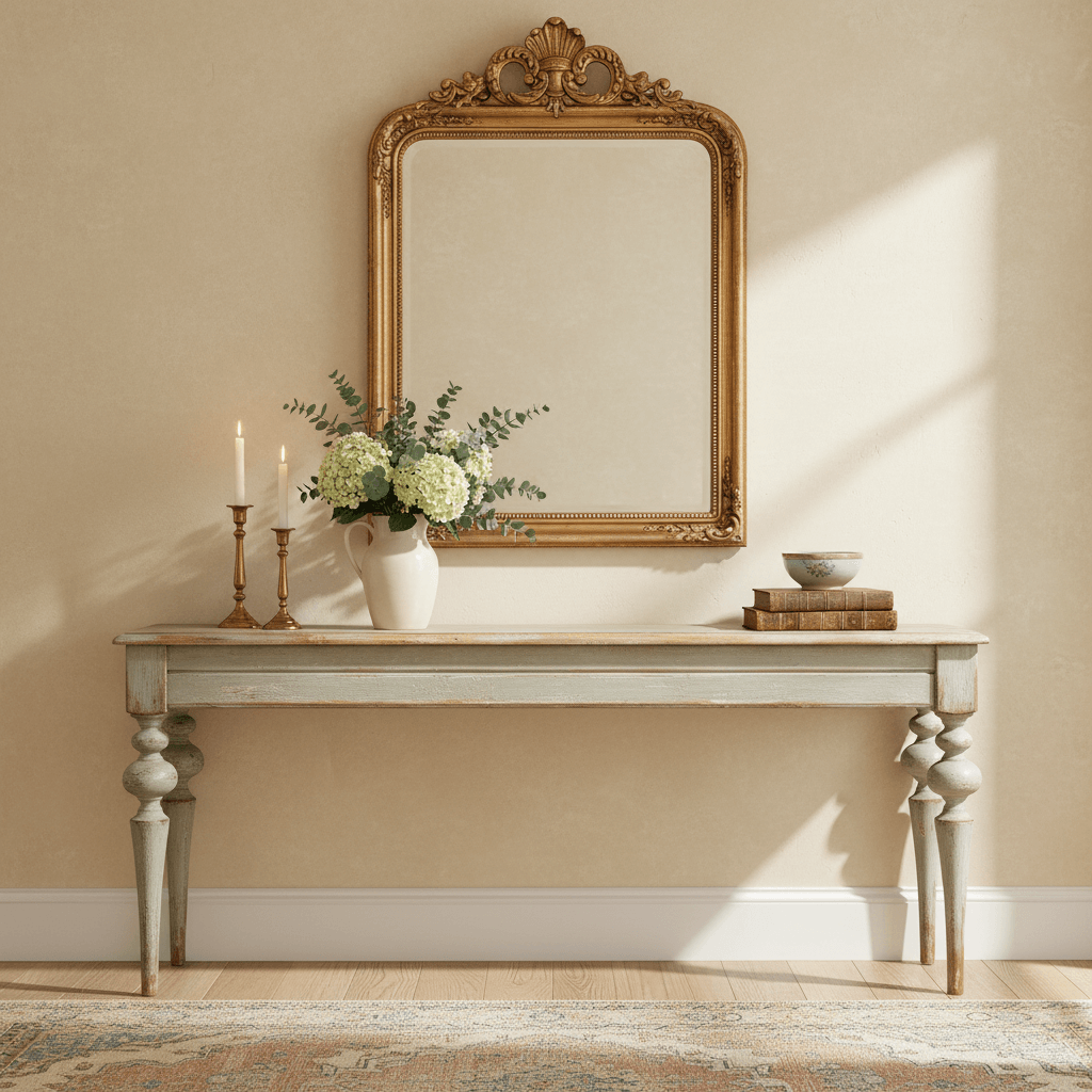 French Country Farmhouse Console Table with mirror, candlesticks, vase, and books styled in a rustic living room setting