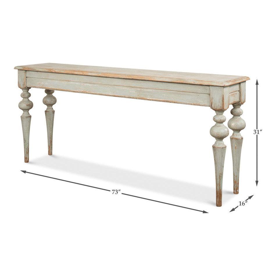 French Country Farmhouse Console Table with rustic design and measurements of 73 inches in length, 31 inches in height, and 16 inches in depth.