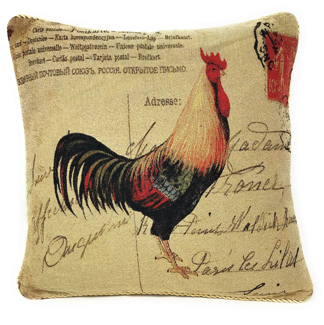 French Country Rooster Tapestry Throw Pillow Cover with rustic rooster design on vintage script background.