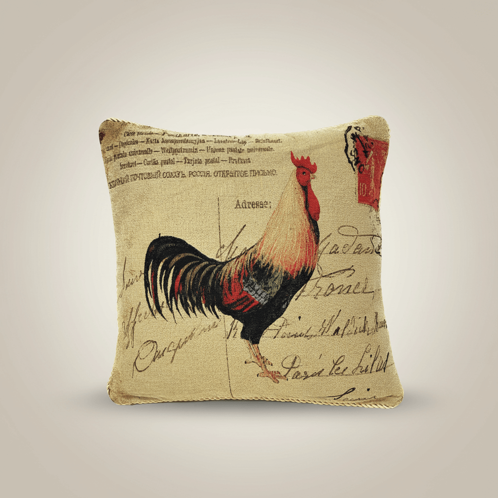 French Country Rooster Tapestry Throw Pillow Cover with rustic rooster design on beige background.