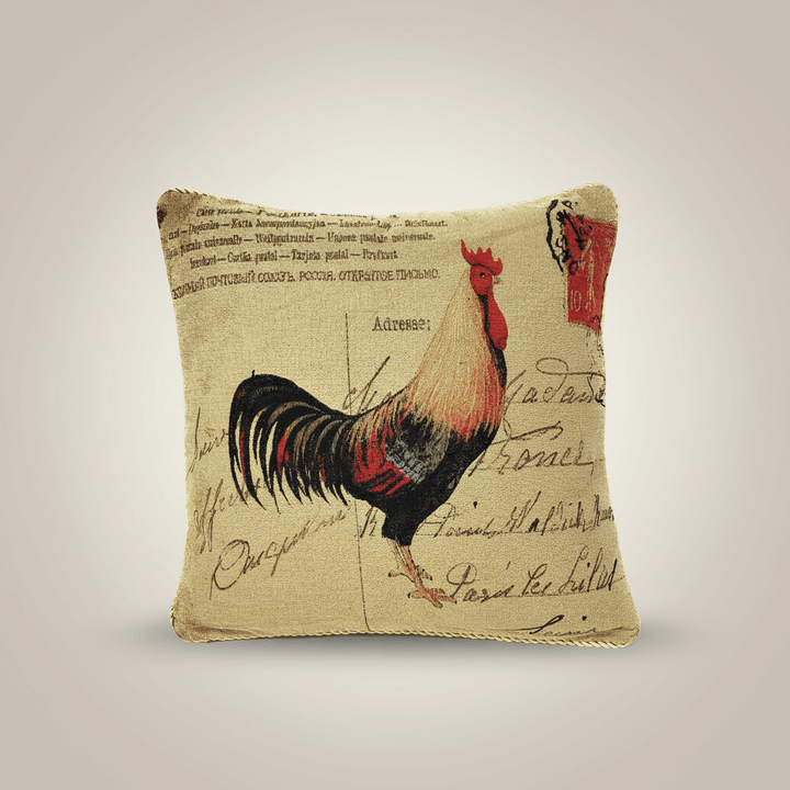 French Country Rooster Tapestry Throw Pillow Cover with rustic rooster design on beige background.