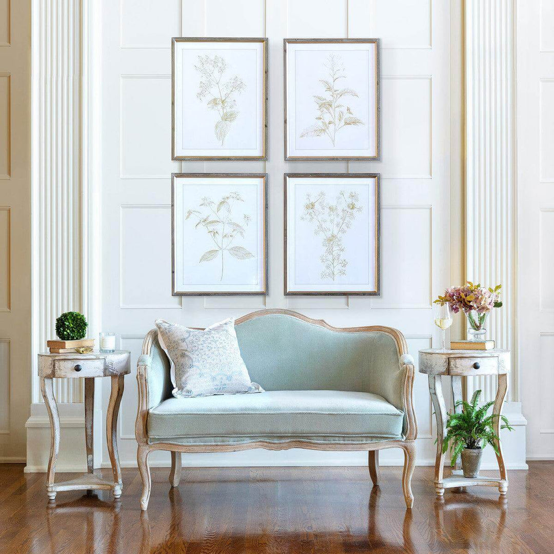 Elegant living room with French Country Round Accent Table with Drawer and vintage decor.