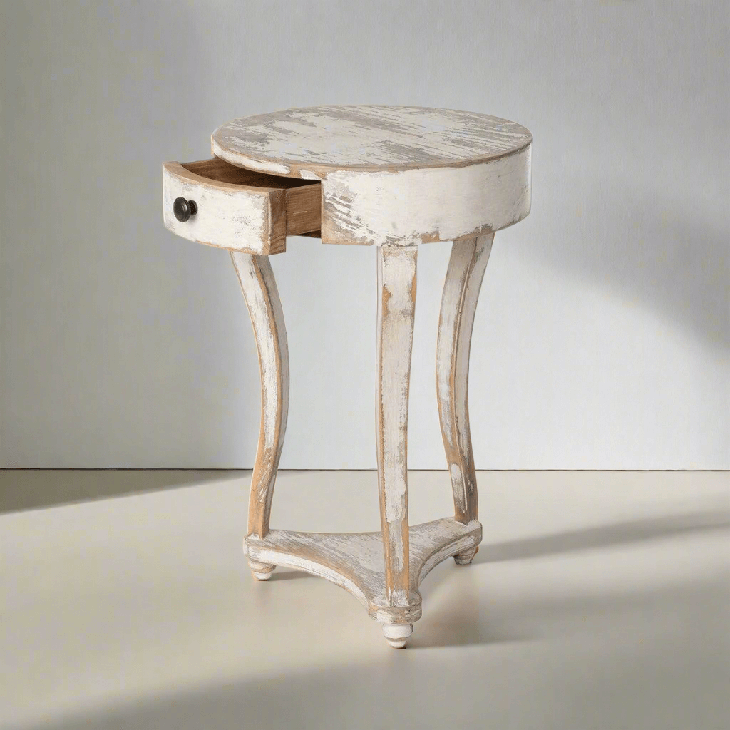 French Country Round Accent Table with Drawer in antique white wash with curved legs