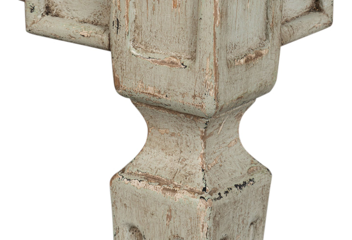 Close-up of French Country Sage Dining Table with Natural Wood Top leg detail