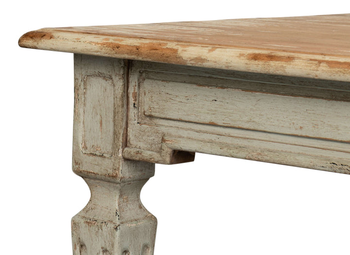 French Country Sage Dining Table with Natural Wood Top corner detail