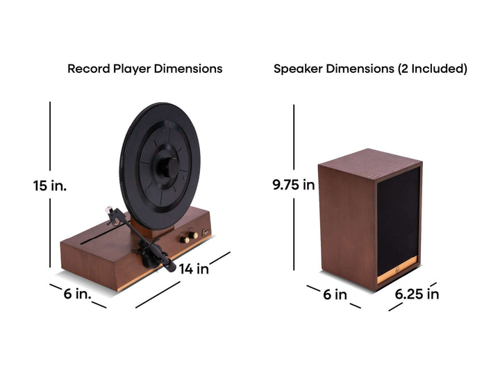 Dimensions of a record player and two speakers on a white background