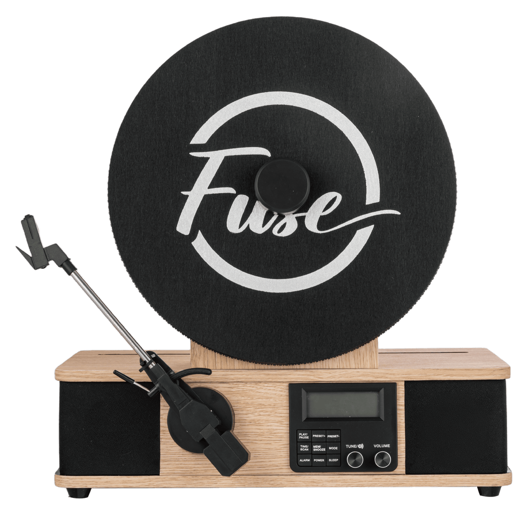 Record player with a black turntable mat featuring the 'Fuse' logo on a white background.