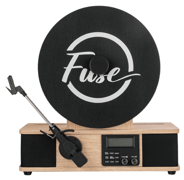Record player with a black turntable mat featuring the 'Fuse' logo on a white background.