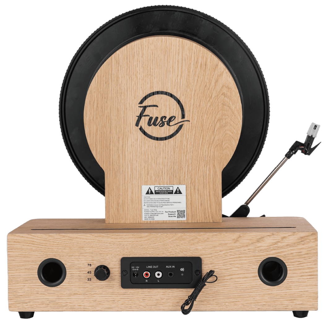 Wooden electronic drum pad with 'Fuse' branding on a white background