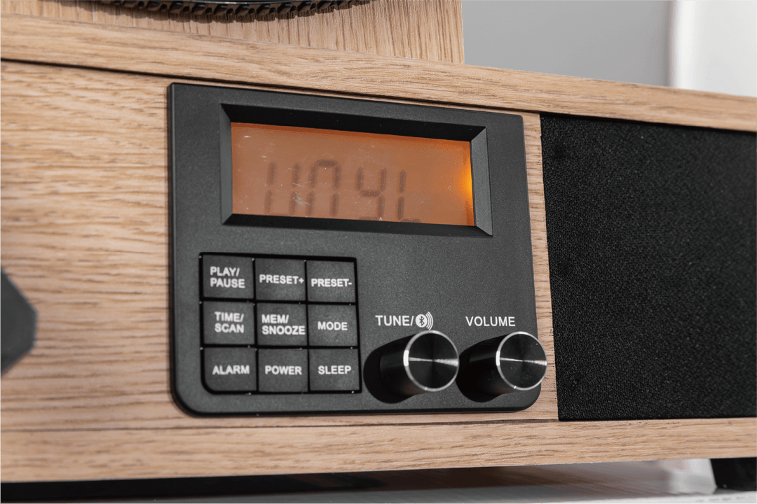 Wooden stereo system with digital display and control buttons