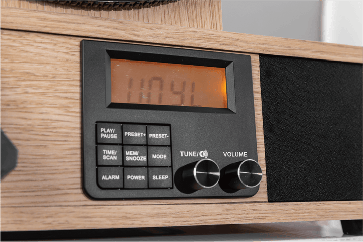 Wooden stereo system with digital display and control buttons