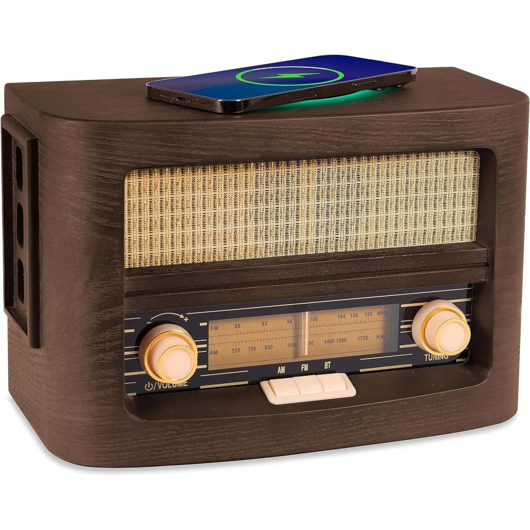 Vintage-style radio with wireless charging pad on a white background
