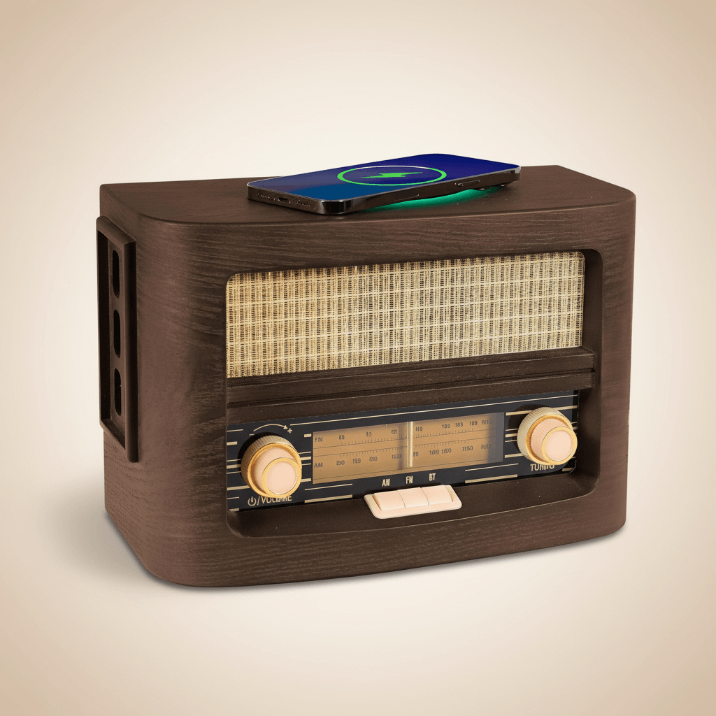 Vintage-style radio with wireless charging pad on a beige background