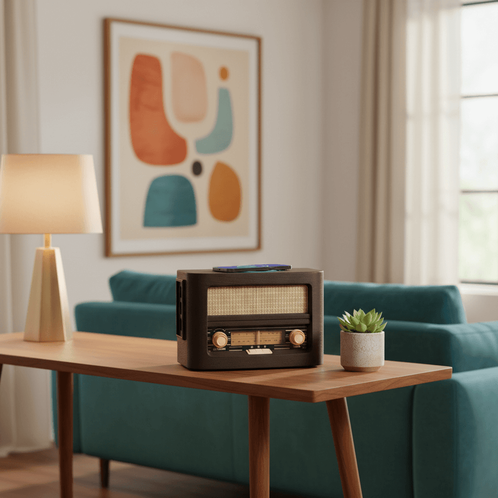 Vintage radio on a wooden table in a living room with teal sofa and abstract art.