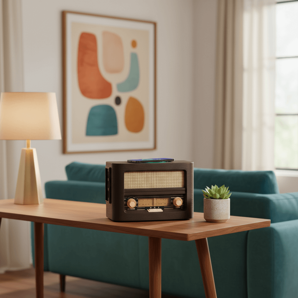 Vintage radio on a wooden table in a living room with teal sofa and abstract art.