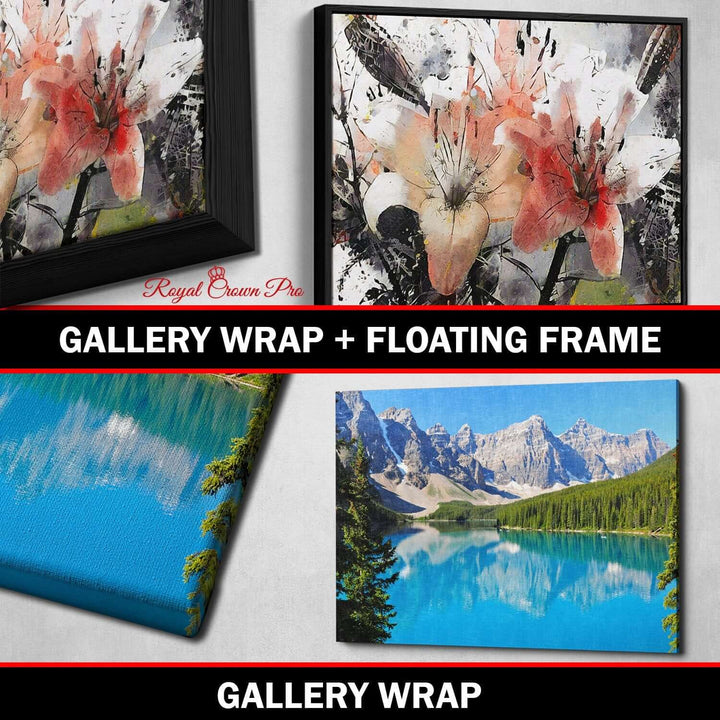 Gallery wrap and floating frame art display featuring floral and nature scenes.