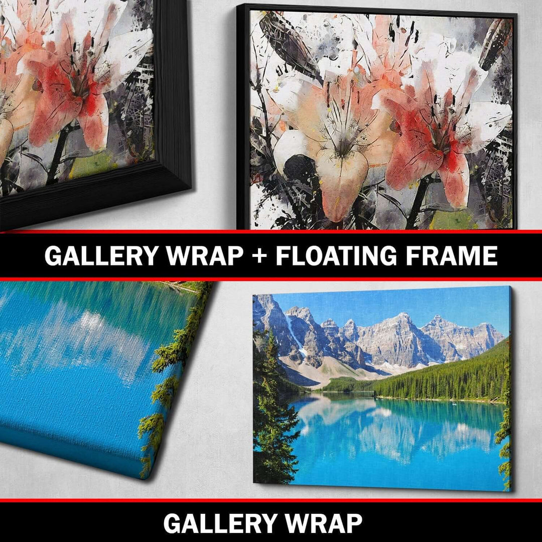 Art prints showcasing gallery wrap and floating frame styles with floral and landscape designs.