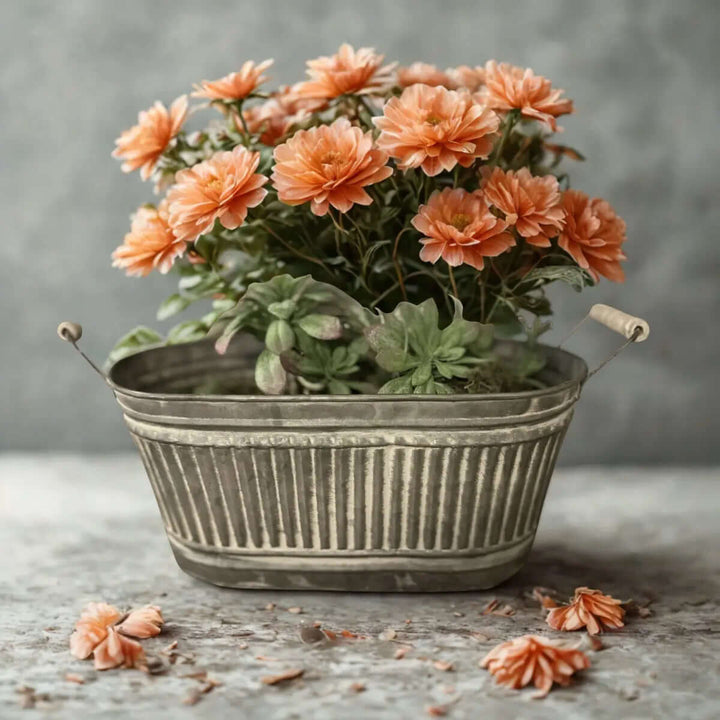 Galvanized Iron Tray with Wood Handles filled with peach flowers