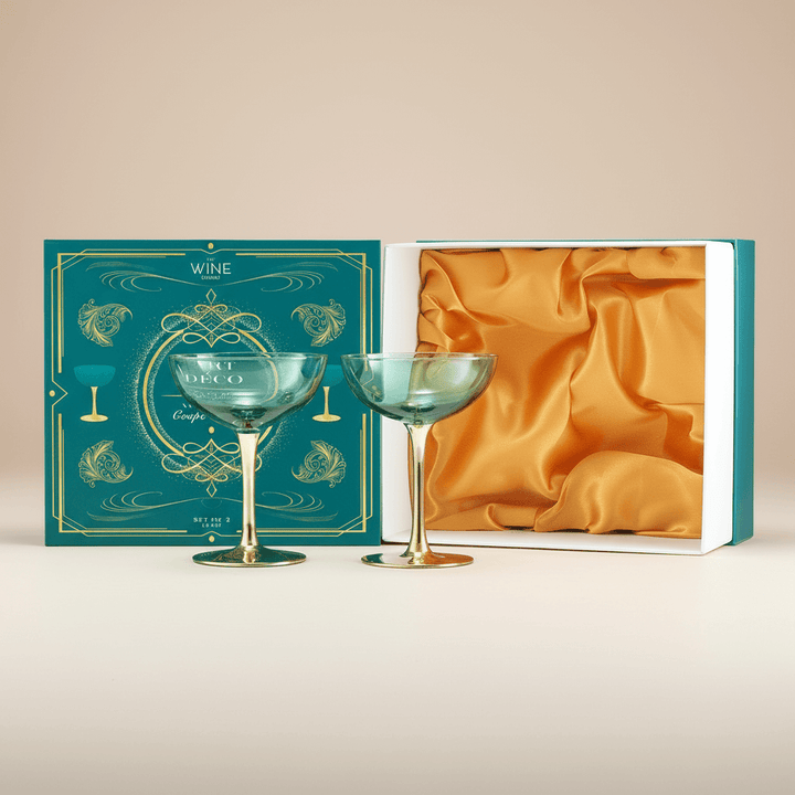Two green wine glasses with gold stems in front of a decorative box on a beige background