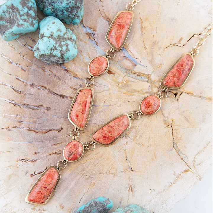 Genuine Orange Sponge Coral Golden Abstract Statement Necklace