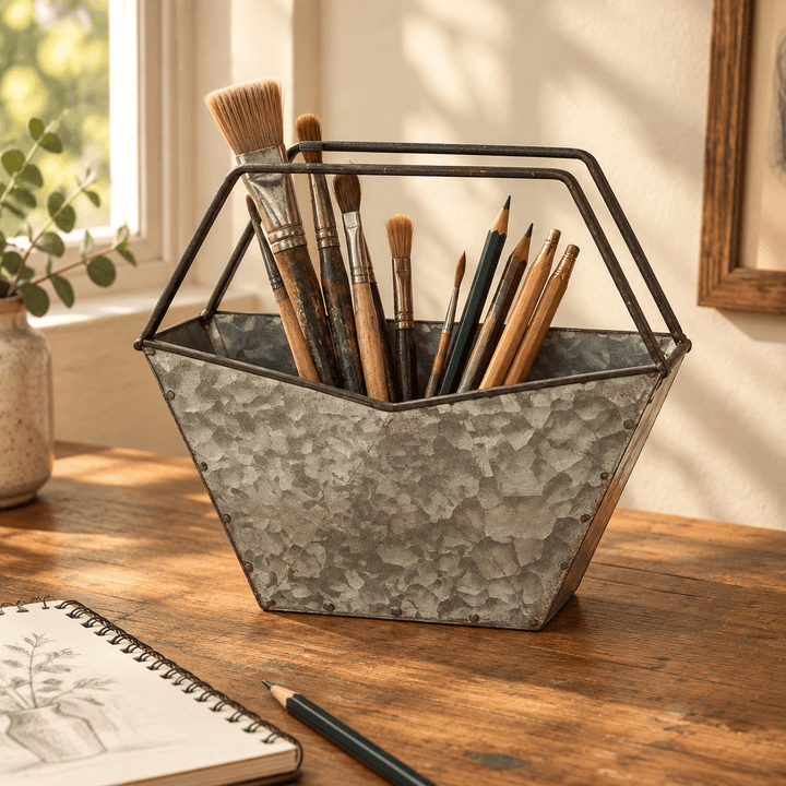Galvanized metal organizer holding paintbrushes and pencils on a wooden artist desk