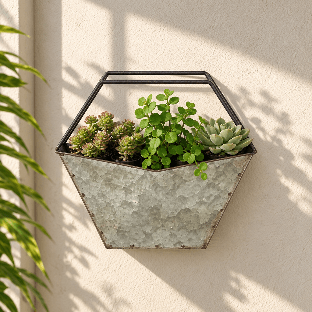 Geometric galvanized metal planter displaying small succulents on a textured cream wall