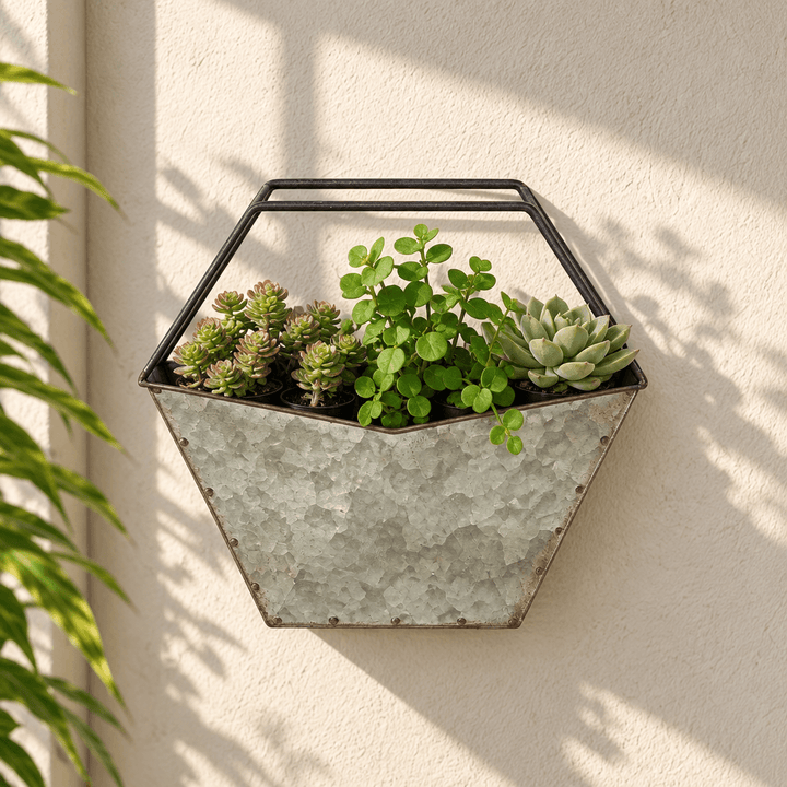 Geometric galvanized metal planter displaying small succulents on a textured cream wall