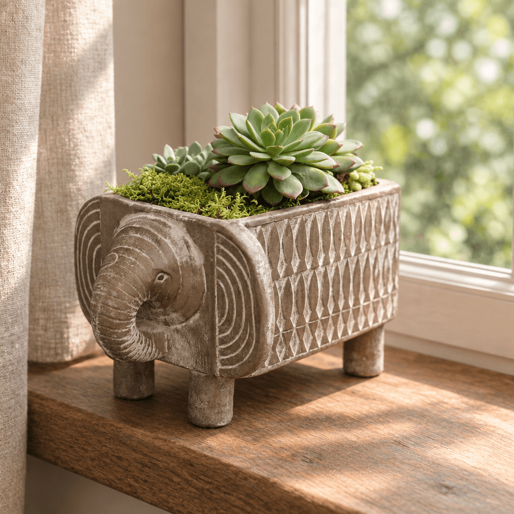 Geometric resin elephant planter holding succulents on a wooden windowsill beside a linen curtain