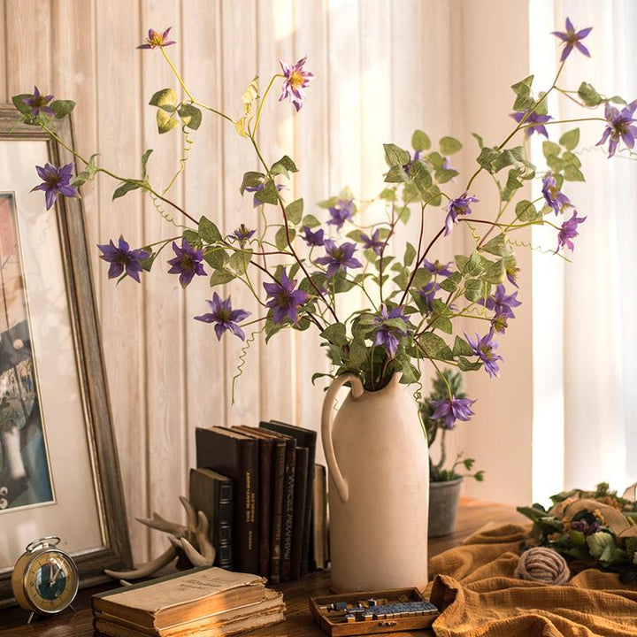 Faux Silk German Clematis Flower Stem in Purple 40" Tall