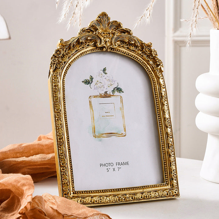 Gilded Baroque Arch Photo Frame with ornate crest and antique gold finish