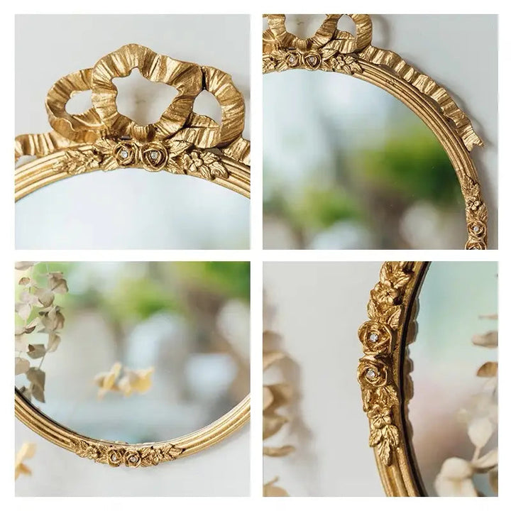 Close details of the bow crest and rose-trimmed mirror frame