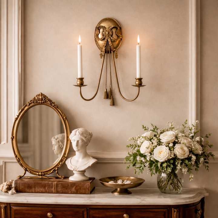 Gilded bow double-arm wall candle sconce above a marble console