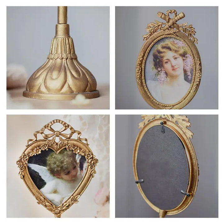 Collage showing the gold pedestal frame base, floral crest, oval face, and back easel details