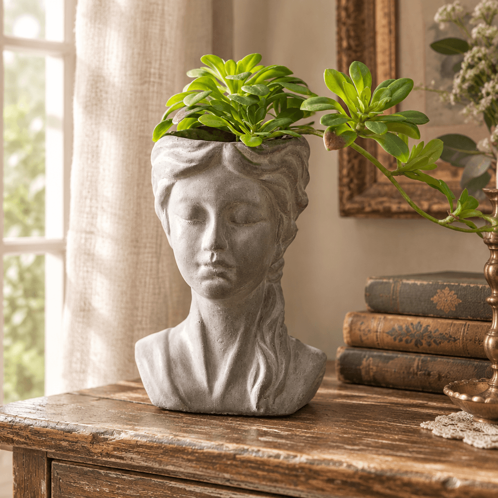 Braided girl cement planter with green foliage styled on a wooden console in a cottage interior.