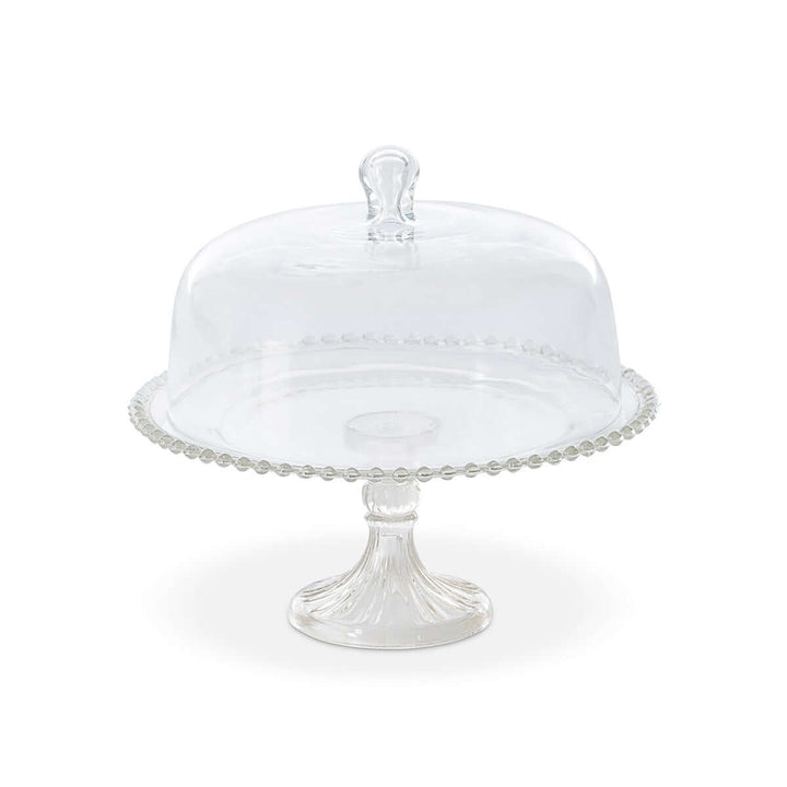Glass Cake Stand with Dome and Beaded Edge Pedestal Plate showcasing elegant design and craftsmanship.