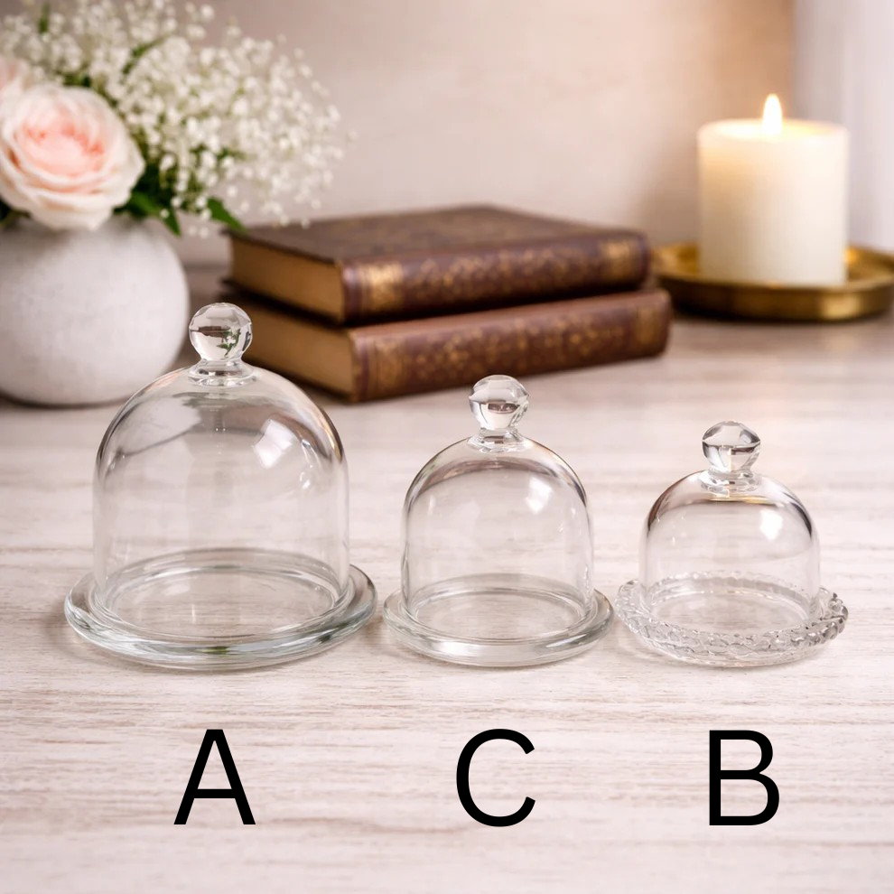 Three Glass Display Cloches with Bases arranged on a light tabletop