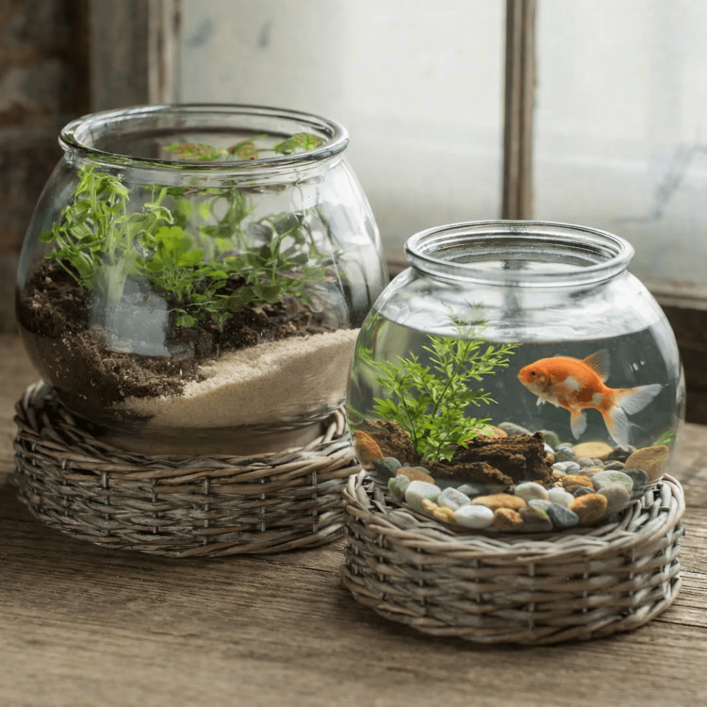 Small Glass Terrarium Jar with Wicker Base filled with pink flowers