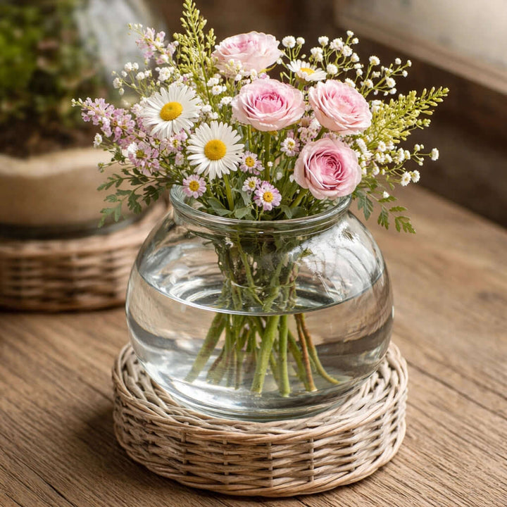 Glass Terrarium Jars with Wicker Bases arranged with greenery and an aquatic display