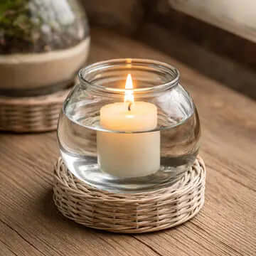 Glass Terrarium Jar with Wicker Base used as a candle holder