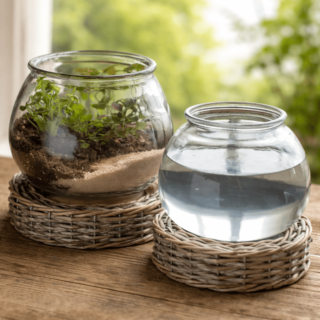 Large and small Glass Terrarium Jars with Wicker Bases holding plants and water