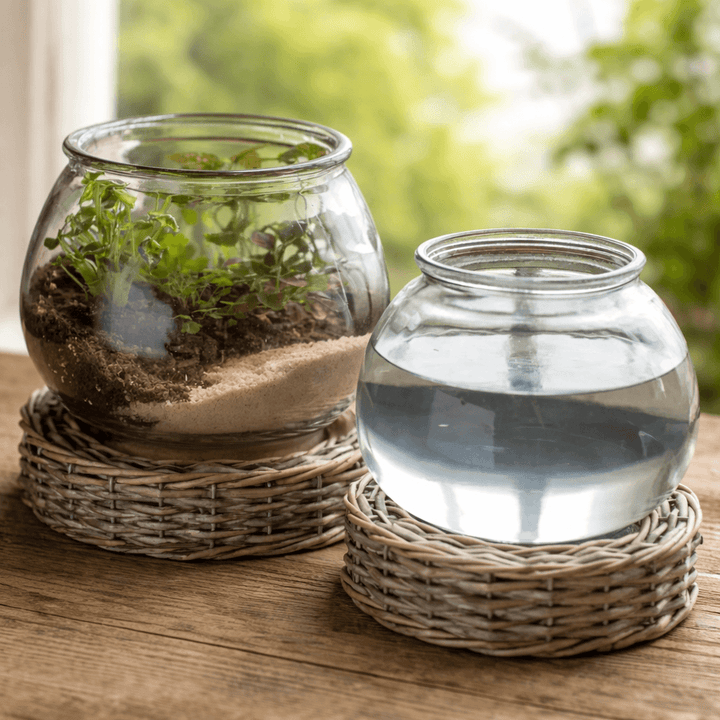 Large and small Glass Terrarium Jars with Wicker Bases holding plants and water