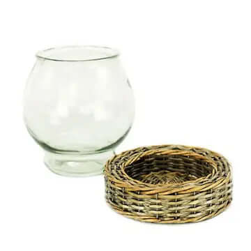 Glass Terrarium Jar and separate Wicker Base against a plain background