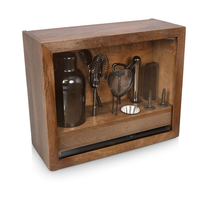 Vintage-Style Bartender Kit with Mango Wood Case & Bar Tools displayed inside a wooden box.