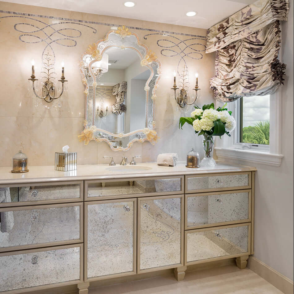 Luxurious bathroom vanity with decorative mirror and lighting