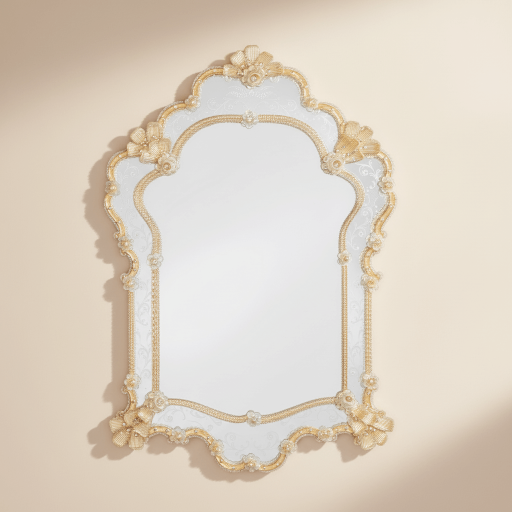 Decorative wall mirror with gold frame on a beige background
