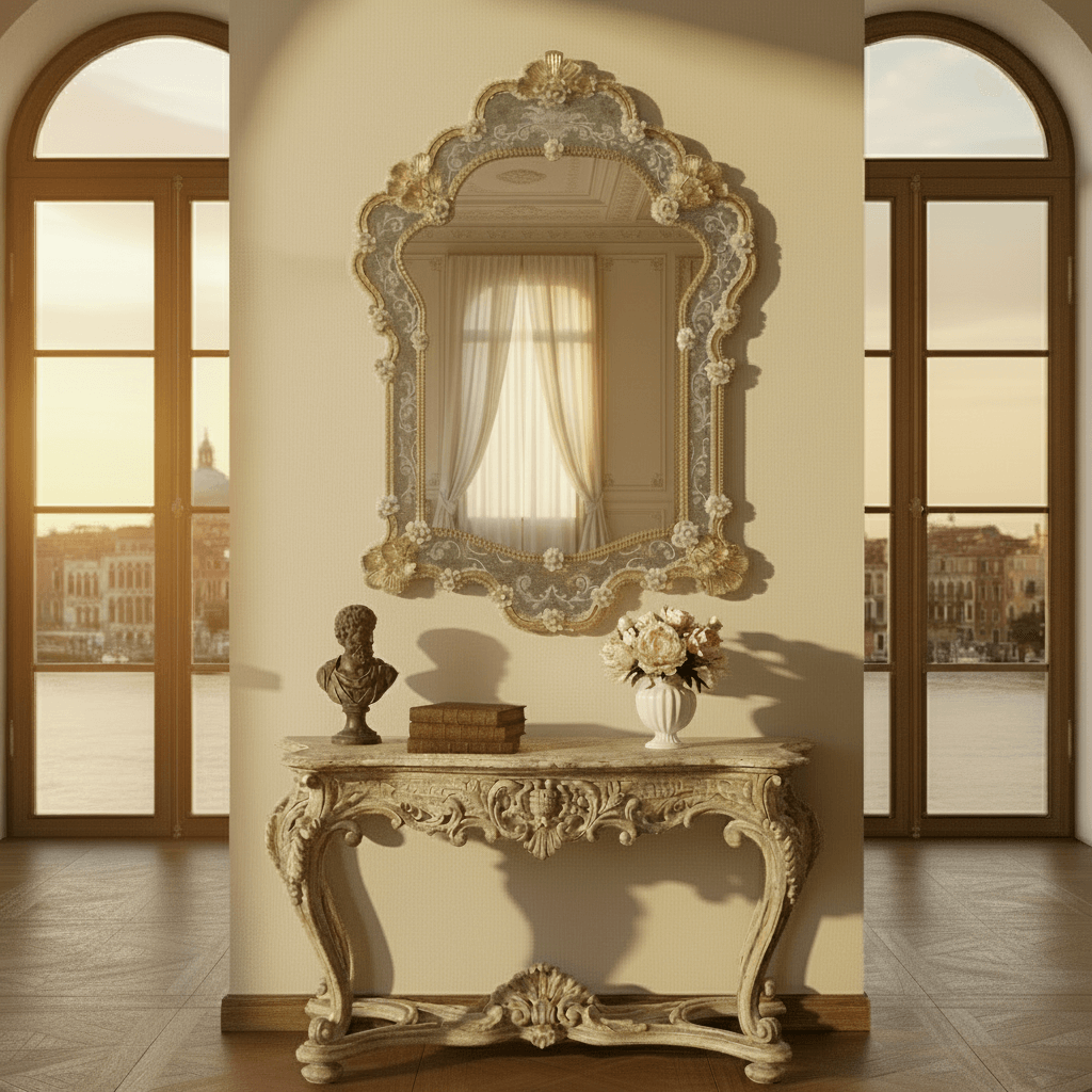 Decorative console table with ornate mirror in a room with large windows. Venice, Italy is in the background.