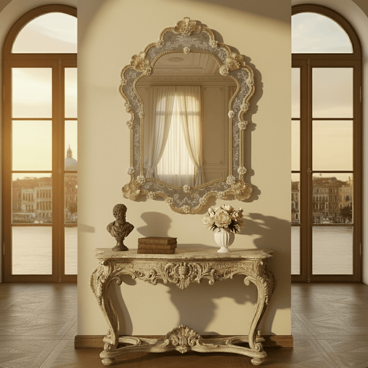 Decorative console table with ornate mirror in a room with large windows. Venice, Italy is in the background.