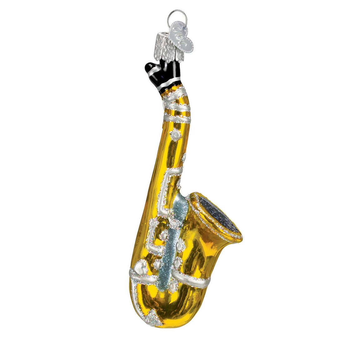 Gold Glass Saxophone Christmas Ornament with glittery details and elegant design